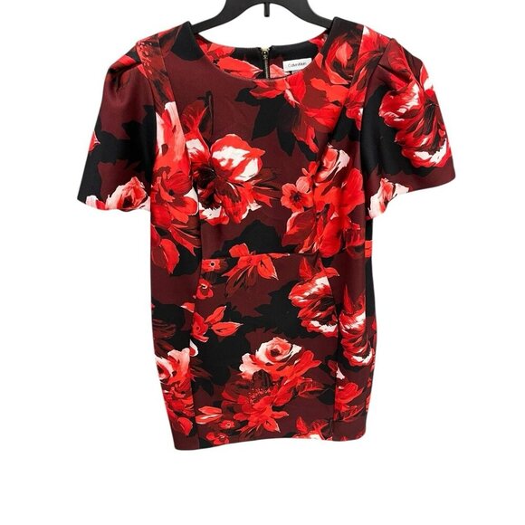 Calvin Klein Woman's 20W Formal Floral Dress Black/Red Short Sleeve Zip Up Back - Picture 2 of 3